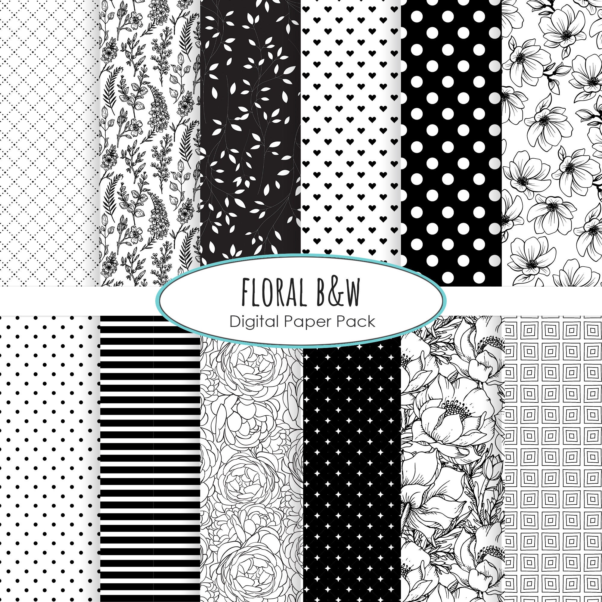 Black Floral Digital Paper: Black and White Digital Paper, Floral Digital  Paper, Black Scrapbook Paper, Black Floral Paper Instant Download