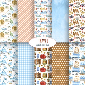 Travel digital paper Watercolor Travel patterns Adventure Holiday Vacation Scrapbook Digital paper pack Craft Printable Backgrounds