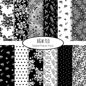 Schwarz und weiß floral digitales Papier Set digitale Scrapbooking Blumen sofortiger Download