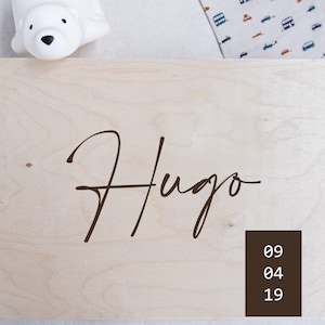 Name and date| Engraved natural wooden memory box, decorative crate, laser engraving, custom engraving, birch wood box