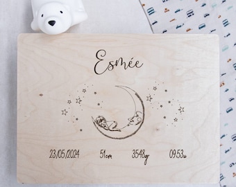 Luna crescente| Scatola dei ricordi incisa, cassa decorativa, incisione laser, incisione personalizzata, cassa in legno di betulla con luna e stelline