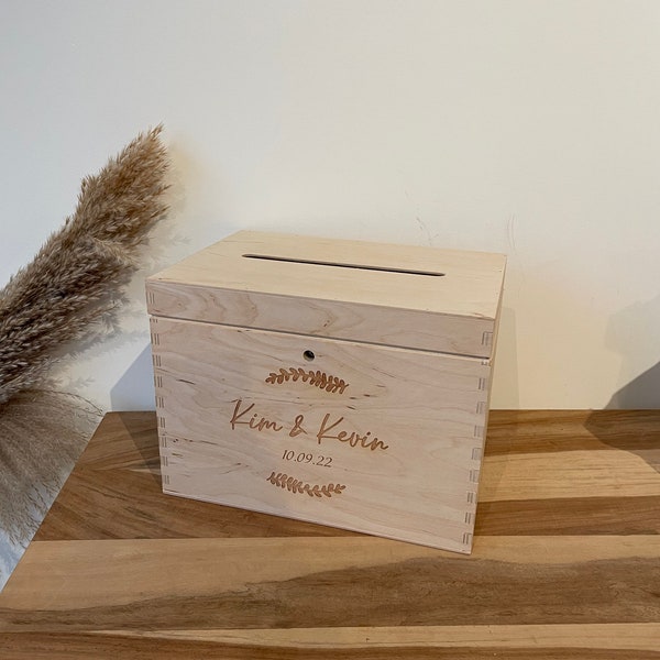 Boîte enveloppe en bois avec fente et serrure mariage mariage | Coffret en bois naturel gravé, caisse décorative, gravure laser