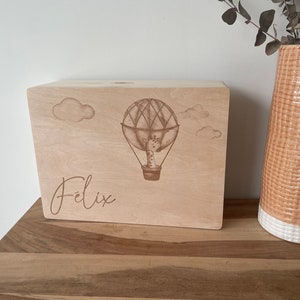 Hot air balloon| Engraved natural wooden memory box, decorative crate, laser engraving, custom engraving, birch wood box