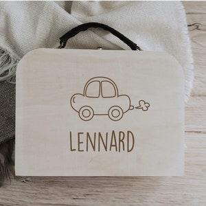 Maleta con asa de cuero y carro Maleta infantil de madera natural grabada, mini maleta decorativa