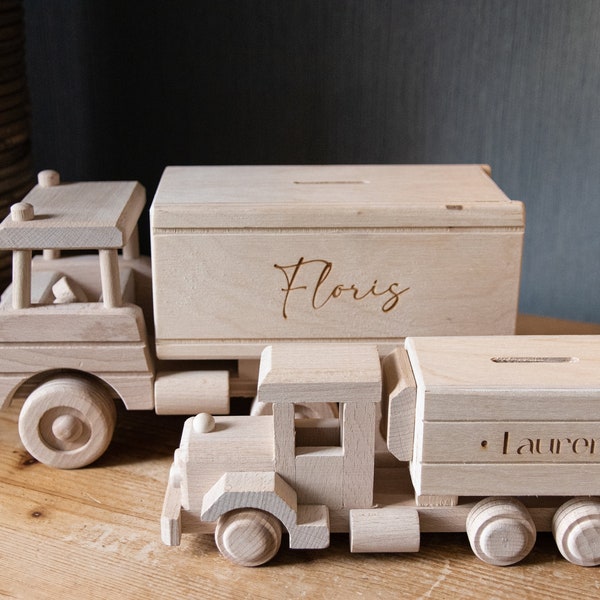 Money box with name truck train tractor money bank wood savings