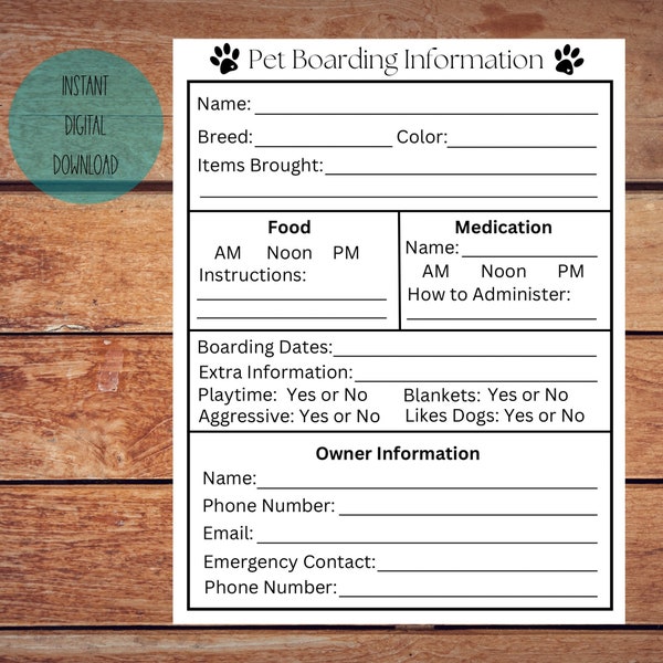 Printable Pet Boarding Information Guide - Digital Download