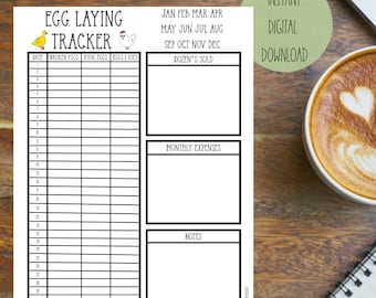 May include: Printable egg laying tracker with sections for date, broken eggs, total eggs, eggs used, dozen's sold, monthly expenses, and notes. The tracker has a black and white design with a chicken and chick illustration.