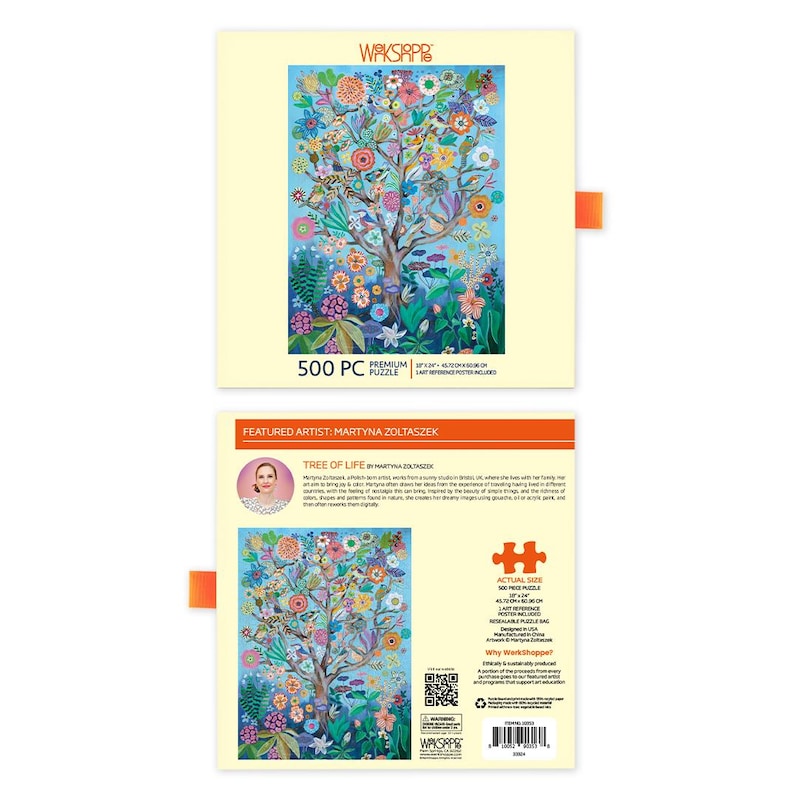 K&ouml;nnte beinhalten: Ein 500-teiliges Puzzle mit einer farbenfrohen Illustration eines Baumes mit Blumen und V&ouml;geln. Die Puzzle-Box zeigt den Titel &bdquo;Tree of Life&ldquo; und den Namen des K&uuml;nstlers. Puzzle-Gr&ouml;&szlig;e: 60.96 cm x 50.8 cm. Ein Referenzposter ist enthalten.