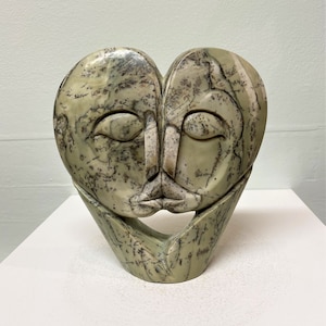 KISSING COUPLE by Tendai GWARAVAZA. Shona Stone Sculpture African Art Handmade Carving Home Garden Contemporary Romantic Head Face Gift