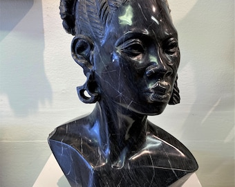 Sensational Shona Sculpture Blue Marble Stone African Art Blue Marble Contemporary Face Head Bust Semi-precious Girl Woman Gift