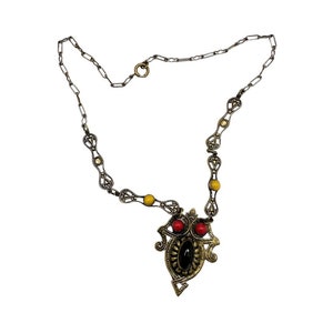 Vintage Art Deco Black Faceted Glass with Red and Yellow Bead Pendant Necklace