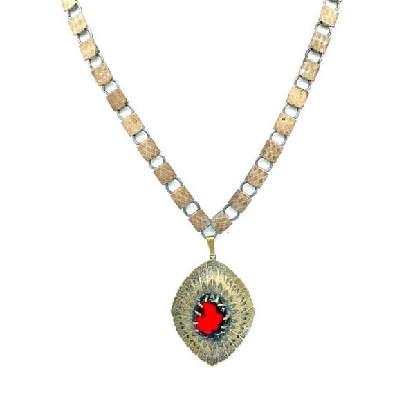 Vintage Hobe' Red and Black Stone Filigree Pendant With Long Book Chain Necklace