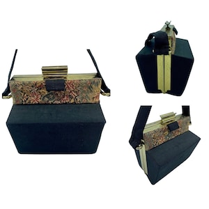 Vintage Art Deco Hand Bag Black Faille and Tapestry Gold Toned Frame Geometric Purse- Small Unique Shaped Detailed Structured Bag