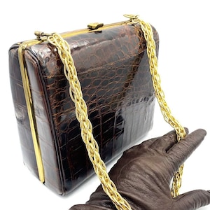 Vintage Sterling Genuine Alligator Brown Handbag with Chain Handle