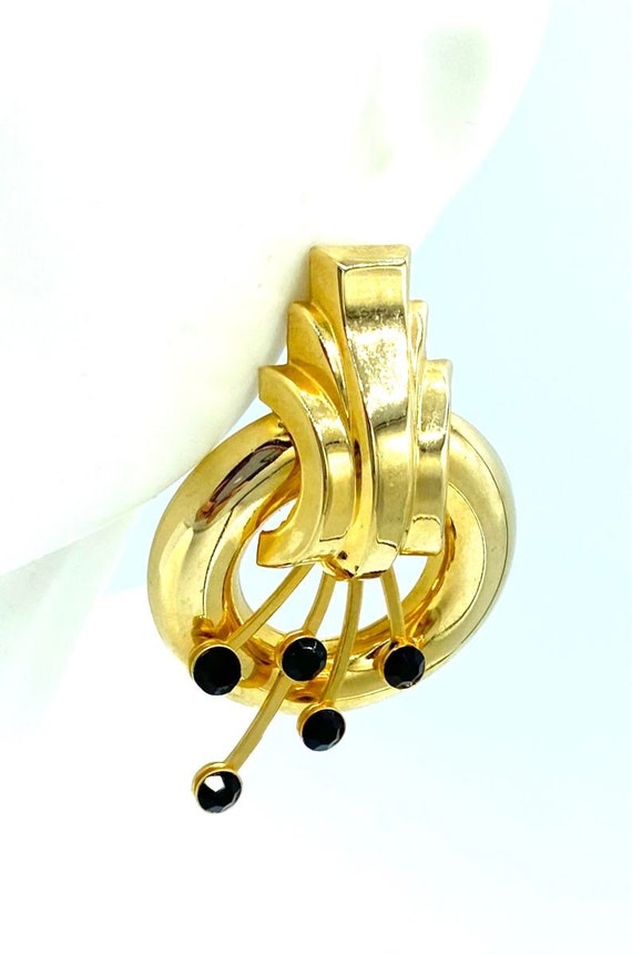 Vintage Art Deco Style Gold Tone & Black Diamante… - image 3