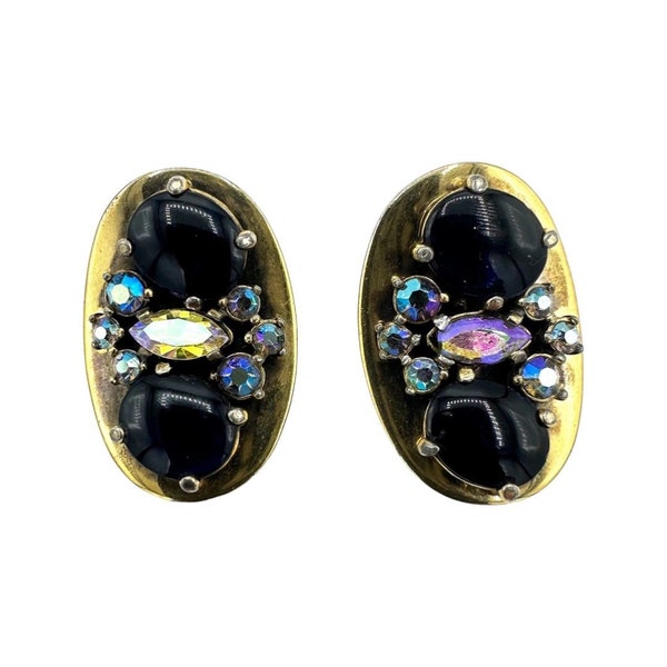 Vintage Schiaparelli Signed Gold Tone Blue Stone  and A/B Crystal Earrings