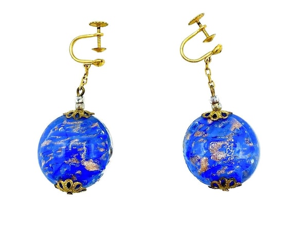 Vintage Made in Italy Blue Gold Swirl Glass Filigree Earrings