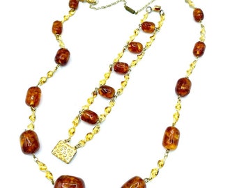 Vintage Fossilized Tree Sap Brown Orange Demi-Parure Necklace & Bracelet With Detailed Links and Clasp