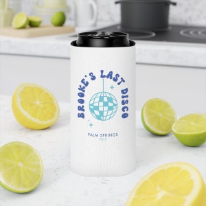 Custom Bride&#39;s Last Disco Can Cooler, Personalized Bachelorette Gifts, Custom Party Favors, 70s Groovy Party, Disco Ball Gifts, Custom Cozie