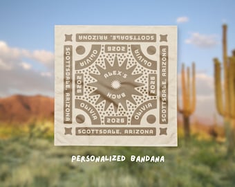 May include: A beige personalized bandana with brown text and design. The bandana features the text "Scottsdale, Arizona" and "Olivia 2026" around a central starburst design with "Alex's Bach" in the center. The words "Personalized Bandana" are at the bottom.