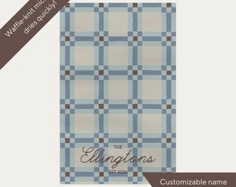 Toalla de cocina personalizada con apellido familiar, microfibra de punto gofrado, patchwork estilo cottage core.