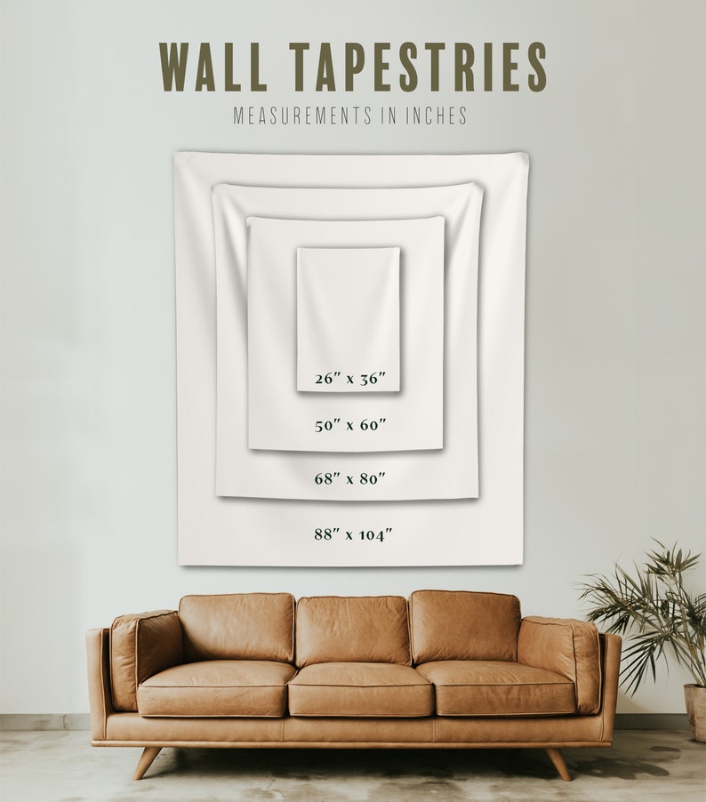 May include: Four white wall tapestries of different sizes, displayed on a wall with a brown leather couch in front of them. The tapestries are labeled with their measurements in inches: 26" x 36", 50" x 60", 68" x 80", and 88" x 104".