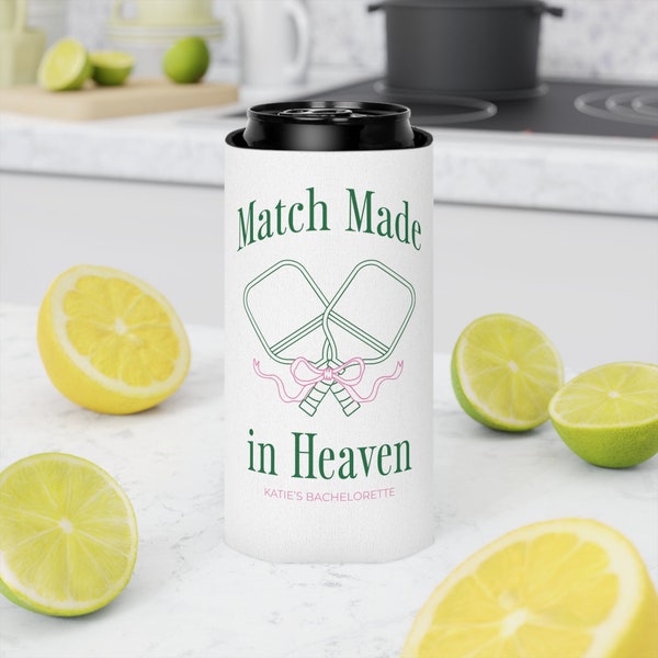 Personalized Match Made in Heaven Can Cooler, Perfect Match Bachelorette, Pickleball Couple, Custom Bachelorette Cozies