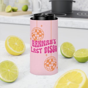 Custom Bride&#39;s Last Disco Can Cooler, Personalized Bachelorette Gifts, Custom Party Favors, 70s Groovy Party, Disco Ball Gifts, Custom Cozie