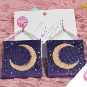 Crescent Moon || Hand painted Canvas Earrings Mini Art Statement Jewelry | Seed Bead Accents, Lightweight, Wearable Art | Night Sky Moon Art