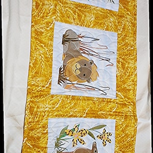 African Lion, Meercats, and Impala table decor, table topper, wall hanging, gift, embroidered, quilted, unique, Africa, savanna, orchid.
