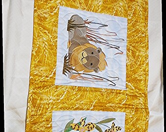 Embroidered African Animal Quilted Table Runner: Lion, Meercats, Impala