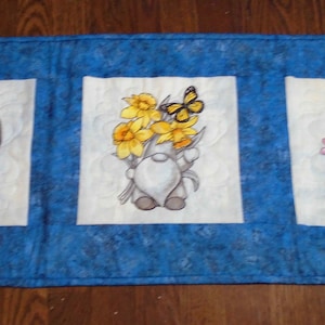 Pansy, Daffodil, Daisy, Butterfly, Gnome, Table Topper, Embroidered, Quilted, Wall Hanging, Centerpiece, Gift, Unique, Mother&#39;s Day,