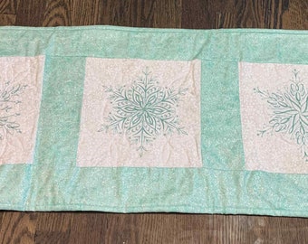 Embroidered Snowflake Table Runner: Pastel Mint Quilted Centerpiece
