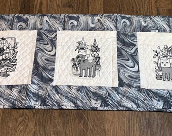 Embroidered Cat, Dog & Plant Table Runner: Quilted Centerpiece, 38x15