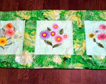 Embroidered Fall Blooms Table Runner: Reversible Quilted Centerpiece