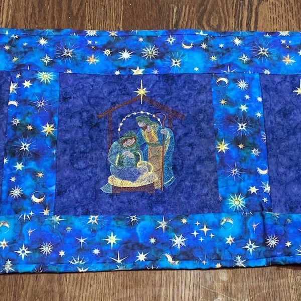 Nativity Table Runner, Wall Hanging, Centerpiece, Dresser Scarf, Embroidered, Quilted, Gift. Christmas.  Religious, reversable, Peace Dove