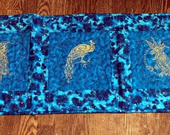 Embroidered Owl, Peacock, Parrot Table Runner: Quilted Cotton Centerpiece