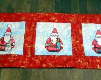 Christmas Three Santa, Table Runner, Table Topper, Wall Hanging, Centerpiece, Gift, Embroidered, Quilted. Unique