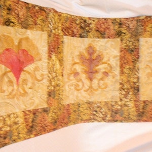 Fall table runner, Autumn Swirl Leaves wall hanging, table decor, room decor, gift, embroidered, quilted, unique, nature. reversable