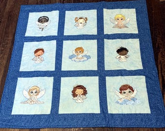 Embroidered Children Angel Lap Quilt, Wall Hanging, Reversible Baby Quilt,
