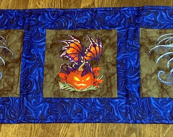 Embroidered Halloween Dragon Quilted Table Runner: Reversible Fall Decor