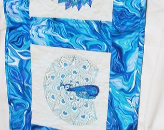 Embroidered Peacock Table Runner: Quilted Turquoise Centerpiece
