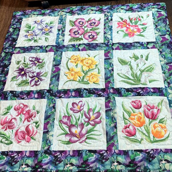 Spring Flower Lap Quit, Wall Hanging, Table Topper, Chair Protector, Wheelchair Quilt, Gift, Unique, Embroidered, Quilted, Mother's Day