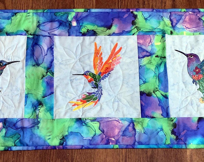 Rainbow and Floral Hummingbirds Table Runner, Embroidered, Quilted, Wall Hanging, Centerpiece