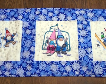 Embroidered Quilted Table Runner: Skiing Gnomes, Snowflakes, Reversible
