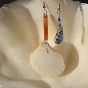 Könnte beinhalten: Ein Paar Ohrringe mit einem Muschel-Anhänger und einem langen, orange-weißen Perlen-Anhänger. Die Ohrringe werden auf einer weißen Muschel präsentiert.