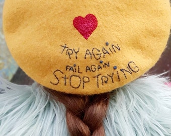 Hand Embroidered Mustard Yellow Wool Felt Beret Hat