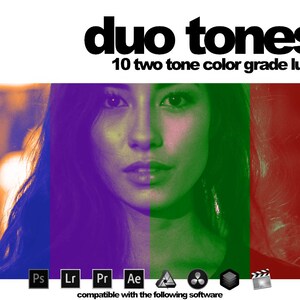 May include: A woman's face is split in half, with the left side in a purple hue and the right side in a green hue. The text "duo tones" is at the top of the image, with the text "10 two tone color grade luts." below it. The text "Ps Lr Pr Ae" is at the bottom of the image, with the text "compatible with the following software" below it.