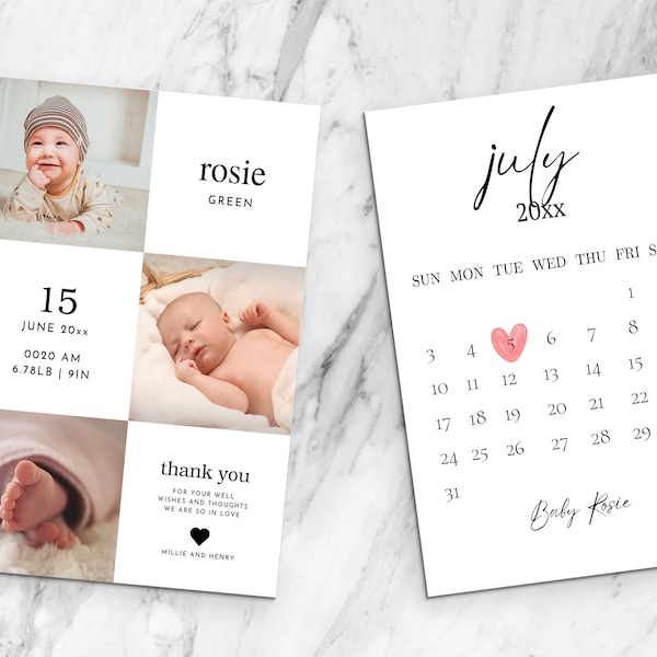 Modern Birth Announcement | Elegant Photo Baby Announcement Card | Fully Editable Card with Instant Download | Baby Shower Thank You