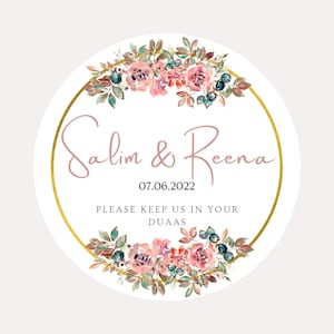 Personalised nikkah wedding stickers, floral stickers, wedding favour, birthday, save the date, muslim wedding ceremony